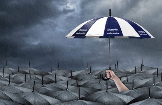 A Temple Legal Protection umbrella shielding all the other black umbrellas